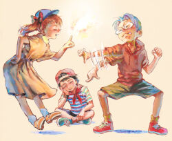 Rule 34 | 1girl, 2boys, ana (mother), backwards hat, black hair, black shorts, black wristband, blue footwear, blue headwear, bow, brown background, brown hair, casting spell, closed eyes, dress, envy, fire, floating, from side, full body, glasses, grey hair, grey pants, grimace, hat, hood, hooded sweater, index finger raised, indian style, jealous, lloyd (mother), magic, mokorobi, mother (game), mother 1, motion lines, multiple boys, neckerchief, ninten, nintendo, open mouth, orange dress, pants, pyrokinesis, red bow, red footwear, red neckerchief, red sweater, shirt, short hair, short sleeves, shorts, sitting, socks, spread legs, striped clothes, striped shirt, sweater, twintails, waving arm, white socks, wide spread legs, yellow footwear, yellow socks