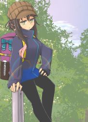 Rule 34 | 1girl, adapted object, alternate costume, alternate hairstyle, arm support, backpack, bag, blue bow, blue eyes, blue jacket, bow, brown hair, cabbie hat, cloud, commentary request, cowboy shot, evening, fingernails, gradient eyes, hair bun, hair up, hand on own hip, hat, highres, jacket, kantai collection, looking at viewer, macbail, multicolored eyes, multicolored hair, naganami (kancolle), on railing, outdoors, pants, parted lips, pink hair, print jacket, purple sky, railing, short hair with long locks, sidelocks, single hair bun, sitting, sky, solo, tree, two-tone hair, wavy hair, yellow eyes