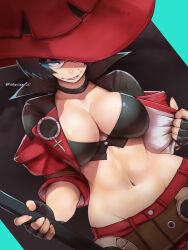 Rule 34 | 1girl, black choker, black gloves, black hair, breasts, choker, cleavage, fingerless gloves, gloves, guilty gear, guilty gear strive, hat, i-no, large breasts, looking at viewer, mole, mole above mouth, navel, red headwear, red leather, red lips, short hair, smile, tinted eyewear, venus symbol, witch hat, yotastar