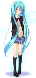 Rule 34 | 1girl, aqua hair, ayatudura, blazer, bow, bowtie, female focus, full body, gradient background, hatsune miku, highres, jacket, kneehighs, long hair, mary janes, red eyes, school uniform, shoes, skirt, smile, socks, solo, sweater, twintails, very long hair, vocaloid, white background
