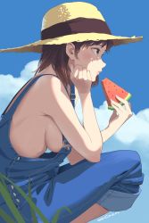 Rule 34 | 1girl, bare arms, bare shoulders, blue eyes, blue sky, blush, breasts, brown hair, cacn, closed mouth, cloud, day, feet out of frame, food, freckles, from side, fruit, hand on own cheek, hand on own face, hat, highres, holding, holding food, large breasts, naked overalls, original, outdoors, overalls, mob cap, short hair, sideboob, signature, sky, solo, squatting, straw hat, watermelon, watermelon slice