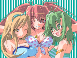 Rule 34 | 3girls, :d, ;), bandaid, bandaid on arm, beatmania, beatmania iidx, breast rest, breasts, brown eyes, brown hair, front-tie top, glasses, green eyes, green hair, grin, heart, heart print, kagurazaka nagu, kitami erika, large breasts, long hair, mizushiro celica, multiple girls, one eye closed, open mouth, outstretched arms, red eyes, red hair, smile, spread arms, striped, striped background, twintails, umegiri iroha, upper body, vertical stripes, wink