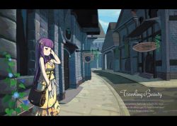 Rule 34 | 1girl, adjusting hair, alley, bag, between breasts, blueberry (5959), bracelet, breasts, casual, cleavage, contemporary, crescent, crescent hair ornament, english text, engrish text, female focus, flower, hair flower, hair ornament, jewelry, letterboxed, one eye closed, patchouli knowledge, purple eyes, purple hair, ranguage, satchel, smile, solo, the elder scrolls, the elder scrolls iv: oblivion, touhou, wink