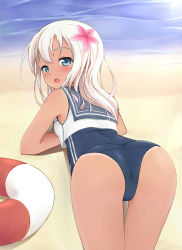 Rule 34 | 10s, 1girl, absurdres, ass, bad id, bad pixiv id, bare legs, bare shoulders, beach, blonde hair, blue eyes, blush, crop top, flower, from behind, hair flower, hair ornament, highres, kantai collection, lifebuoy, long hair, looking at viewer, lying, on stomach, open mouth, ro-500 (kancolle), sailor collar, school swimsuit, solo, swim ring, swimsuit, swimsuit under clothes, tan, tanline, walk alone