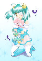Rule 34 | 1girl, ahoge, black bow, black bowtie, blunt bangs, bow, bowtie, doll, hugging doll, eyepatch, feathers, frilled thighhighs, frills, green hair, green thighhighs, hugging object, otomedius, pelvic curtain, revealing clothes, see-through, see-through skirt, skirt, solo, spread legs, thighhighs, tita nium, yellow eyes