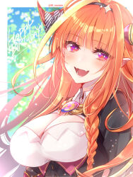 Rule 34 | 1girl, ahoge, blonde hair, blush, bow, braid, breasts, brooch, cleavage, cleavage cutout, clothing cutout, collared shirt, dragon girl, dragon horns, fangs, hair bow, hair intakes, hairband, happy birthday, head tilt, hololive, horns, jewelry, kiryu coco, kiryu coco (1st costume), large breasts, long hair, looking at viewer, multicolored hair, n gyou, open mouth, orange hair, pointy ears, purple eyes, shirt, skin fangs, smile, solo, streaked hair, striped, striped bow, virtual youtuber