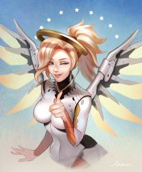 Rule 34 | 1girl, artist name, blonde hair, blue eyes, bodysuit, breasts, eyebrows, hair ornament, hair tie, halo, hand up, headwear request, high collar, highres, image sample, large breasts, lips, lipstick, looking at viewer, makeup, mascara, mechanical halo, mechanical wings, mercy (overwatch), momori, one eye closed, overwatch, overwatch 1, pantyhose, pink lips, pointing, ponytail, smile, solo, spread wings, star (symbol), turtleneck, upper body, wings, yellow wings