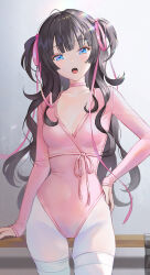 Rule 34 | 1girl, :o, antenna hair, athletic leotard, ballerina, black hair, blue eyes, breasts, choker, cleavage, commentary, cowboy shot, fangs, hair ribbon, hand on own hip, head tilt, highres, leotard, long hair, long sleeves, looking at viewer, medium breasts, open mouth, original, oto1 030, pantyhose, pink leotard, pink ribbon, ribbon, skindentation, solo, standing, symbol-only commentary, teeth, thighband pantyhose, twintails, upper teeth only, white pantyhose