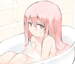 Rule 34 | 1girl, bath, bathing, bathroom, bathtub, bright pupils, closed mouth, completely nude, dot nose, expressionless, from side, hair between eyes, hata no kokoro, indoors, knees up, long hair, looking at viewer, looking to the side, nanana (chicken union), nude, partially submerged, pink eyes, pink hair, sitting, solo, steam, tile wall, tiles, touhou, water, wet, wet face, wet hair