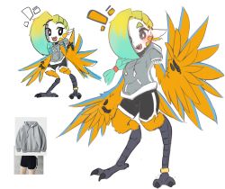 Rule 34 | 1girl, absurdres, animal ears, anklet, bird ears, bird legs, black eyes, blonde hair, blue feathers, blush, braid, dolphin shorts, facial mark, feathers, full body, green hair, grey hoodie, hair over one eye, harpy, highres, hood, hoodie, jewelry, long hair, mako (eogks), monster girl, multicolored hair, nn (eogks), open mouth, orange feathers, original, pointy ears, reference inset, sharp teeth, shorts, solo, teeth, two-tone hair, two-tone wings, white background, winged arms, wings