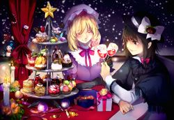 Rule 34 | 2girls, black hair, blonde hair, blueberry, brown eyes, brown hair, candle, candy, candy cane, christmas, christmas stocking, closed eyes, cup, cupcake, curtains, dress, drinking glass, flower, food, fruit, fruit tart, gift, gloves, hair ribbon, hat, hat ribbon, macaron, maribel hearn, mousse (food), multiple girls, parfait, pastry, ribbon, rose, short hair, smile, snow, snowman, sofy, star (symbol), strawberry, strawberry tart, table, tablecloth, tart (food), tiered tray, toasting (gesture), touhou, usami renko, wine glass