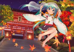 Rule 34 | 1girl, absurdres, aqua eyes, aqua hair, arms up, autumn, autumn leaves, black skirt, closed mouth, commentary request, detached sleeves, frilled skirt, frills, geta, hair between eyes, hair ribbon, hatsune miku, highres, iluka (ffv7), japanese clothes, jumping, kyoto, lantern, leaf, long hair, maple leaf, night, night sky, nontraditional miko, ribbon, shirt, shrine, skirt, sky, sleeveless, sleeveless shirt, smile, solo, spring onion, stairs, star (sky), thigh strap, tree, twintails, veil, vocaloid, white shirt, wide sleeves