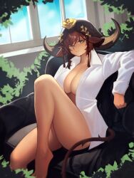 Rule 34 | 1girl, absurdres, alternate costume, animal ears, arknights, barefoot, bottomless, breasts, brown hair, bush, cleavage, closed mouth, commentary, couch, cow ears, cow girl, cow horns, cow tail, day, distr, dress shirt, english commentary, flower, flower on head, foot out of frame, green eyes, hair between eyes, highres, horns, indoors, knee up, large breasts, legs, looking at viewer, naked shirt, open clothes, open shirt, pallas (arknights), rose, shirt, short hair, sitting, smile, solo, tail, veil, white shirt, window, yellow flower, yellow rose