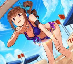 Rule 34 | 1girl, ahoge, beach, bent over, bikini, breasts, brown hair, cleavage, cloud, collarbone, day, drill hair, flag, front-tie bikini top, front-tie top, hand on own knee, idolmaster, idolmaster million live!, idolmaster million live! theater days, jewelry, kamille (vcx68), large breasts, looking away, necklace, outdoors, parted lips, purple eyes, short hair, side-tie bikini bottom, side drill, solo, standing, sweat, swimsuit, yokoyama nao