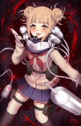 Rule 34 | 1girl, blonde hair, blood, boku no hero academia, buttons, dot nose, highres, holding, holding knife, holding weapon, kamaniki, kneehighs, knife, needle, open mouth, school uniform, skirt, socks, solo, tagme, teeth, toga himiko, watermark, weapon, yellow eyes