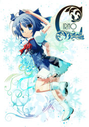 Rule 34 | ascot, blue eyes, blue hair, bow, cirno, dress, hair bow, iroha tooko, salute, smile, snowflakes, solo, touhou, wings