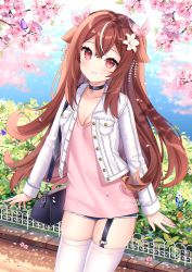 Rule 34 | 1girl, animal ears, bag, black choker, blue shorts, breasts, brown hair, cherry blossoms, choker, cleavage, collarbone, cowboy shot, cropped jacket, cutoffs, denim, denim shorts, fiji (vtuber), floppy ears, garter straps, hair ornament, hair ribbon, highres, indie virtual youtuber, jacket, kanzashi, long hair, long sleeves, looking at viewer, micro shorts, multicolored hair, nami (nyaa), open clothes, open jacket, outdoors, parted lips, petals, pink shirt, red eyes, ribbon, shirt, short shorts, shorts, shoulder bag, small breasts, solo, standing, streaked hair, thighhighs, thighs, two side up, virtual youtuber, white jacket, white thighhighs