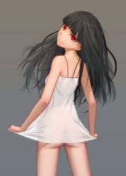 Rule 34 | 1girl, absurdres, ass, black hair, bottomless, cleft of venus, dress, female focus, from behind, highres, long hair, looking back, no panties, original, pussy, red eyes, smile, solo, thighs, uncensored, white dress, xini m