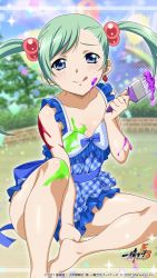 Rule 34 | 1girl, :q, aqua hair, bare legs, barefoot, blue dress, blue eyes, blurry, blurry background, blush, closed mouth, collarbone, copyright name, dress, flat chest, floating hair, hair bobbles, hair ornament, highres, holding, holding brush, ikkitousen, long hair, looking at viewer, official art, plaid, plaid dress, shokatsuryou koumei, short dress, sitting, sleeveless, sleeveless dress, smile, solo, swept bangs, tongue, tongue out, twintails