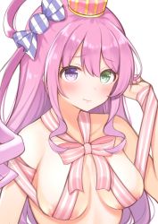 Rule 34 | 1girl, absurdres, areola slip, asymmetrical hair, blush, breasts, candy hair ornament, cleavage, closed mouth, commentary, crown, food-themed hair ornament, green eyes, hair ornament, hair rings, heterochromia, highres, himemori luna, hololive, lips, long hair, looking at viewer, medium breasts, mini crown, naked ribbon, pink hair, pink ribbon, pout, purple eyes, ribbon, side ponytail, simple background, solo, striped ribbon, suzutarou gunsou, tareme, upper body, virtual youtuber, white background