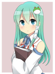Rule 34 | 1girl, bare shoulders, blue eyes, blush, book, hugging book, detached sleeves, frog, green hair, holding, holding book, jewelry, kochiya sanae, long hair, looking at viewer, necklace, hugging object, ochazuke, snake, solo, touhou, upper body, worried