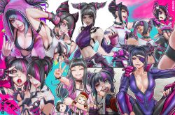 Rule 34 | absurdres, ai shou, artist name, bare shoulders, biker clothes, bikesuit, black bra, black hair, bodysuit, bra, breasts, capcom, cleavage, doll, drill hair, halterneck, han juri, highres, impossible clothes, large breasts, looking at viewer, multicolored hair, onesie, pink eyes, revealing clothes, sideboob, streaked hair, street fighter, street fighter 6, street fighter iv (series), twin drills, underwear