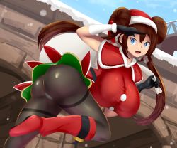 Rule 34 | 1girl, ass, bare shoulders, blue eyes, boots, breasts, brown hair, christmas, creatures (company), from behind, game freak, gloves, hat, highres, huge ass, long hair, looking at viewer, nintendo, open mouth, pantyhose, pokemon, pokemon masters ex, rosa (holiday 2019) (pokemon), rosa (pokemon), sana!rpg, santa costume, santa hat, shiny clothes, sideboob, skirt, solo, twintails, very long hair