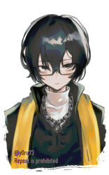 Rule 34 | 1boy, black-framed eyewear, black coat, black eyes, black hair, black vest, chain, chain necklace, closed mouth, coat, glasses, highres, jewelry, limbus company, looking at viewer, necklace, project moon, simple background, solo, stole, sweater, upper body, vest, white background, white sweater, y0ru73, yi sang (project moon)