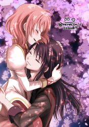 Rule 34 | 1boy, 1girl, black hair, blush, couple, estellise sidos heurassein, closed eyes, floral background, gloves, hand on another&#039;s head, hug, long hair, neneco dqx, pink hair, short hair, smile, tales of (series), tales of vesperia, yuri lowell