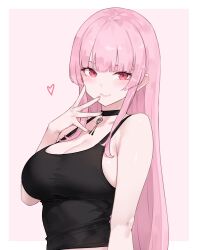 Rule 34 | 1girl, absurdres, black choker, bluefield, blunt bangs, blush, breasts, choker, cleavage, closed mouth, commentary, heart, highres, hololive, hololive english, large breasts, long hair, looking at viewer, mori calliope, pink background, pink eyes, pink hair, simple background, smile, solo, upper body, virtual youtuber