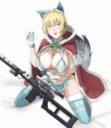 Rule 34 | 1girl, absurdres, animal ears, aqua eyes, bell, blonde hair, blue thighhighs, blush, breasts, christmas, cleavage, cloak, commentary, cyka, girls&#039; frontline, gloves, gun, hair ornament, highres, large breasts, looking at viewer, medium hair, mole, mole on breast, neck bell, open mouth, paw pose, red cloak, rifle, sitting, sniper rifle, snowflake hair ornament, solo, suppressor, tail, thighhighs, vsk-94, vsk-94 (christmas eve detective) (girls&#039; frontline), vsk-94 (girls&#039; frontline), weapon, white background, white gloves