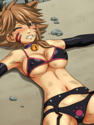 Rule 34 | 1girl, animal ears, awa, beaten, bell, breasts, brown hair, cat ears, cleavage, defeat, covered erect nipples, fairy tail, fang, large breasts, lying, millianna, underboob