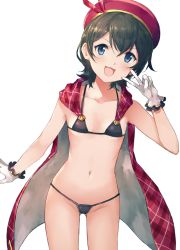 Rule 34 | 1girl, absurdres, bare arms, bikini, black bikini, black hair, blue eyes, breasts, canna (granblue fantasy), cape, collarbone, cowboy shot, en@rain, gloves, gluteal fold, granblue fantasy, hair between eyes, hand up, hat, head tilt, highres, looking at viewer, micro bikini, open mouth, plaid, red cape, red hat, short hair, simple background, small breasts, smile, solo, stomach, string bikini, swimsuit, v, white background, white gloves