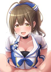 Rule 34 | 1boy, 1girl, :d, ahoge, blue bow, blush, bow, breasts, choker, cleavage, clothed female nude male, earrings, hair bow, hetero, highres, idolmaster, idolmaster shiny colors, jewelry, kuwayama chiyuki, large breasts, looking at viewer, nude, open mouth, paizuri, paizuri under clothes, pov, simple background, smile, solo focus, warubo, white background, yellow eyes