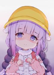 Rule 34 | 1girl, artist name, blunt bangs, child, closed mouth, commentary request, crime prevention buzzer, disgust, dress, frown, fur-trimmed dress, fur trim, gradient background, hair bobbles, hair ornament, hat, highres, kanna kamui, kobayashi-san chi no maidragon, long hair, long sleeves, looking at viewer, low twintails, pink dress, purple background, purple eyes, purple hair, school hat, shaded face, shoyu potechi, solo, split mouth, twintails, twitter username, white background, yellow hat