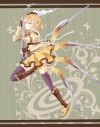 Rule 34 | 10s, 1girl, beret, blonde hair, blush, body blush, boots, breasts, brown thighhighs, bug, butterfly, corset, detached sleeves, drill hair, fingerless gloves, frown, fukutsuu, gloves, gun, hair ornament, hat, highres, insect, magical girl, magical musket, mahou shoujo madoka magica, mahou shoujo madoka magica (anime), pleated skirt, puffy sleeves, ribbon, rifle, skirt, smoke, solo, striped background, striped clothes, striped thighhighs, thighhighs, tomoe mami, twin drills, twintails, vertical-striped clothes, vertical-striped thighhighs, weapon, yellow eyes, zettai ryouiki