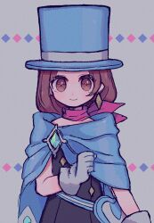 Rule 34 | 1girl, ace attorney, blue hat, blush, brown eyes, brown hair, cape, closed mouth, dress, earrings, gloves, grey background, hat, highres, jewelry, looking at viewer, narumame, red scarf, scarf, short hair, simple background, single earring, smile, solo, top hat, trucy wright, upper body, white gloves