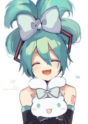 Rule 34 | :d, ^ ^, bare shoulders, black sleeves, blue bow, bow, cinnamiku, cinnamoroll, closed eyes, crossover, facing viewer, green hair, hair between eyes, hair bow, hatsune miku, heart, highres, long sleeves, open mouth, sanrio, shirt, signature, simple background, sleeveless, sleeveless shirt, smile, sofra, tied ears, twitter username, upper body, vocaloid, white background, white shirt
