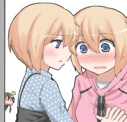 Rule 34 | 3girls, ^^^, blonde hair, blue eyes, blush, brown hair, commentary, erica hartmann, gertrud barkhorn, hakusen-hiki, holding hands, hood, hoodie, incest, multiple girls, no eyewear, open mouth, peeking, siblings, sisters, strike witches, strike witches: suomus misfits squadron, twincest, twins, ursula hartmann, world witches series, yuri