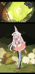 Rule 34 | 1girl, animal ears, rabbit ears, character request, concept art, flip flappers, grass, hairband, light rays, long hair, official art, pink eyes, puffy short sleeves, puffy sleeves, short sleeves, solo, sunbeam, sunlight, suspenders, tanu, thighhighs, white hair, zettai ryouiki