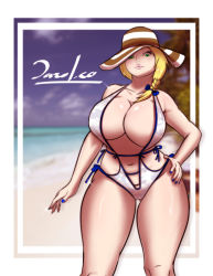 Rule 34 | 1girl, beach, blonde hair, breasts, cleavage, collarbone, curvy, dazol, green eyes, hat, huge breasts, looking at viewer, nail polish, one-piece swimsuit, original, smile, solo, straw hat, swimsuit, thick thighs, thighs, wide hips