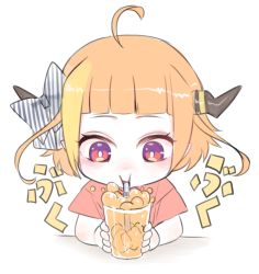 Rule 34 | 1girl, aged down, ahoge, alternate costume, alternate hairstyle, blonde hair, blunt bangs, bow, bright pupils, bubble, blowing bubbles, child, commentary request, cup, diagonal-striped bow, dragon girl, dragon horns, drinking straw, drinking straw in mouth, facing viewer, holding, holding cup, hololive, horn bow, horn ornament, horns, ice, ice cube, isuka, juice, kiryu coco, looking at object, multicolored eyes, multicolored hair, orange hair, pointy ears, purple eyes, red eyes, short hair, short sleeves, sidelocks, simple background, solo, sound effects, streaked hair, striped, striped bow, upper body, virtual youtuber, white background, white pupils