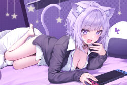 Rule 34 | 1girl, :d, animal ear fluff, animal ears, barefoot, black choker, breasts, cat ears, cat girl, cat tail, choker, cleavage, commentary, deadnooodles, downblouse, handheld game console, heart, highres, hololive, long sleeves, looking at viewer, lying, medium breasts, nekomata okayu, nekomata okayu (oversized shirt), nintendo switch, open mouth, purple eyes, purple hair, shirt, short hair, smile, solo, symbol-only commentary, tail, thighs, virtual youtuber, white shirt