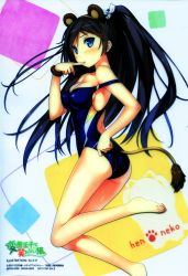 Rule 34 | 10s, 1girl, absurdres, adjusting clothes, adjusting swimsuit, animal ears, ass, bare legs, bare shoulders, barefoot, black hair, blue eyes, blush, breasts, cat ears, cat tail, cleavage, competition swimsuit, fake animal ears, feet, finger to mouth, hairband, hentai ouji to warawanai neko., highres, kantoku, lion ears, lion tail, long hair, looking back, one-piece swimsuit, ponytail, scan, solo, strap slip, swimsuit, tail, tsutsukakushi tsukushi, very long hair, wristband