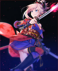 Rule 34 | 1girl, asymmetrical hair, bare shoulders, black thighhighs, blue kimono, blush, breasts, closed mouth, fate/grand order, fate (series), glowing, glowing sword, glowing weapon, hakusai (tiahszld), has bad revision, has cropped revision, holding, holding sword, holding weapon, japanese clothes, katana, kimono, leaf print, long hair, looking away, looking to the side, md5 mismatch, medium breasts, miyamoto musashi (fate), miyamoto musashi (second ascension) (fate), obi, pink hair, pixiv fate/grand order contest 2, resolution mismatch, sash, sheath, short kimono, sleeveless, sleeveless kimono, solo, source smaller, standing, standing on one leg, sword, thighhighs, unsheathed, weapon