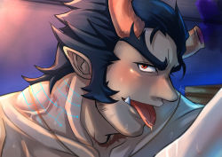 Rule 34 | 1boy, absurdres, bara, beard, blue hair, blush, broken horn, close-up, collarbone, completely nude, dark blue hair, demon boy, demon horns, facial hair, fang, fiery horns, forked eyebrows, highres, horns, huge filesize, kageru (mofnyan), long sideburns, looking at viewer, male focus, mature male, muscular, muscular male, nude, point ears, pointy ears, red eyes, saliva, sexually suggestive, short hair, sideburns, smug, solo, stubble, takemaru (housamo), thick eyebrows, tokyo houkago summoners, tongue, tongue out