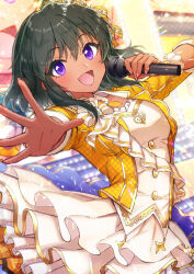 Rule 34 | 1girl, bead bracelet, beads, bintaptyo, black hair, blush, bracelet, breasts, dark-skinned female, dark skin, detached collar, dress, frilled dress, frills, glint, hair ribbon, hands up, highres, holding, holding microphone, idolmaster, idolmaster cinderella girls, idolmaster cinderella girls starlight stage, jacket, jewelry, layered dress, looking at viewer, medium breasts, microphone, natalia (idolmaster), neck ribbon, open clothes, open hand, open jacket, open mouth, purple eyes, rainbow gradient, reaching, reaching towards viewer, ribbon, sash, screen, scrunchie, short hair, short sleeves, smile, solo, stage, stage lights, white dress, white sash, white scrunchie, wrist scrunchie, yellow jacket, yellow ribbon