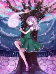 Rule 34 | 1girl, alternate hair length, alternate hairstyle, artist name, bad id, bad pixiv id, bare legs, black bow, black bowtie, blue eyes, bobby socks, bow, bowtie, branch, cherry blossoms, collared shirt, floating, full body, ghost, green skirt, green vest, highres, hitodama, holding, holding sword, holding weapon, jumping, katana, kinom (sculpturesky), konpaku youmu, konpaku youmu (ghost), light purple hair, long skirt, long sword, mary janes, outdoors, plant, puffy short sleeves, puffy sleeves, rooftop, sheath, shirt, shoes, short sleeves, skirt, socks, solo, stone wall, sword, tassel, touhou, tree, under tree, unsheathing, vest, wall, weapon, white shirt, wood