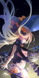 Rule 34 | 1girl, abigail williams (fate), abigail williams (second ascension) (fate), black bow, black dress, black panties, black thighhighs, blonde hair, bow, breasts, closed eyes, closed mouth, commentary request, dissolving clothes, dress, fate/grand order, fate (series), hair bow, hat, hat bow, highres, long hair, medium breasts, navel, orange bow, panties, polka dot, polka dot bow, profile, saubupo, single thighhigh, solo, stuffed animal, stuffed toy, teddy bear, thighhighs, underboob, underwear, very long hair, witch hat