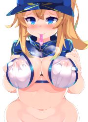 Rule 34 | 1girl, artoria pendragon (fate), bikini, blonde hair, blue eyes, blush, breasts, condom, condom in mouth, covered erect nipples, fate/grand order, fate (series), female focus, gradient background, hair between eyes, hat, highres, large breasts, looking at viewer, mouth hold, mysterious heroine x (fate), mysterious heroine xx (fate), navel, nose blush, solo, swimsuit, used condom, white bikini, zamudelin
